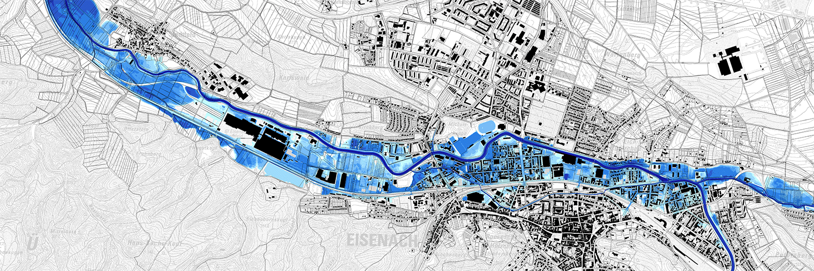 Karte mit der aktuellen Hochwasser-Gefahrensituation in Eisenach – HQ(100) Istzustand