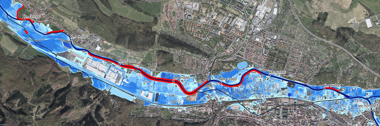 Karte mit den vorhandenen Hochwasserschutzanlagen in Eisenach – HQ(100) Istzustand